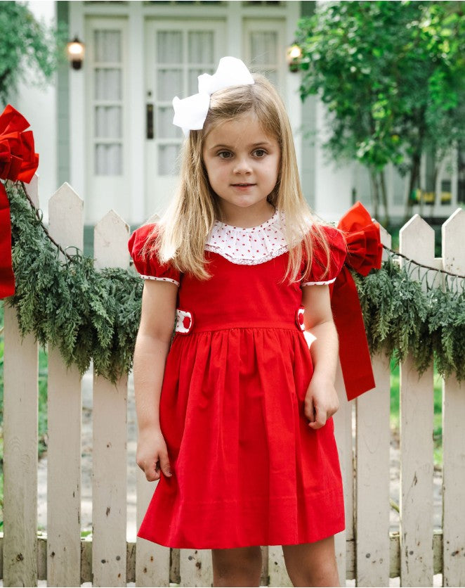 Christmas Red Corduroy With Pink Dots Ruffle and Bow Girl's Dress