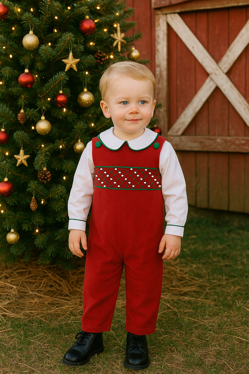 Red cord Christmas Overall Hand smocked Overall Set - Little Threads Inc. Children's Clothing