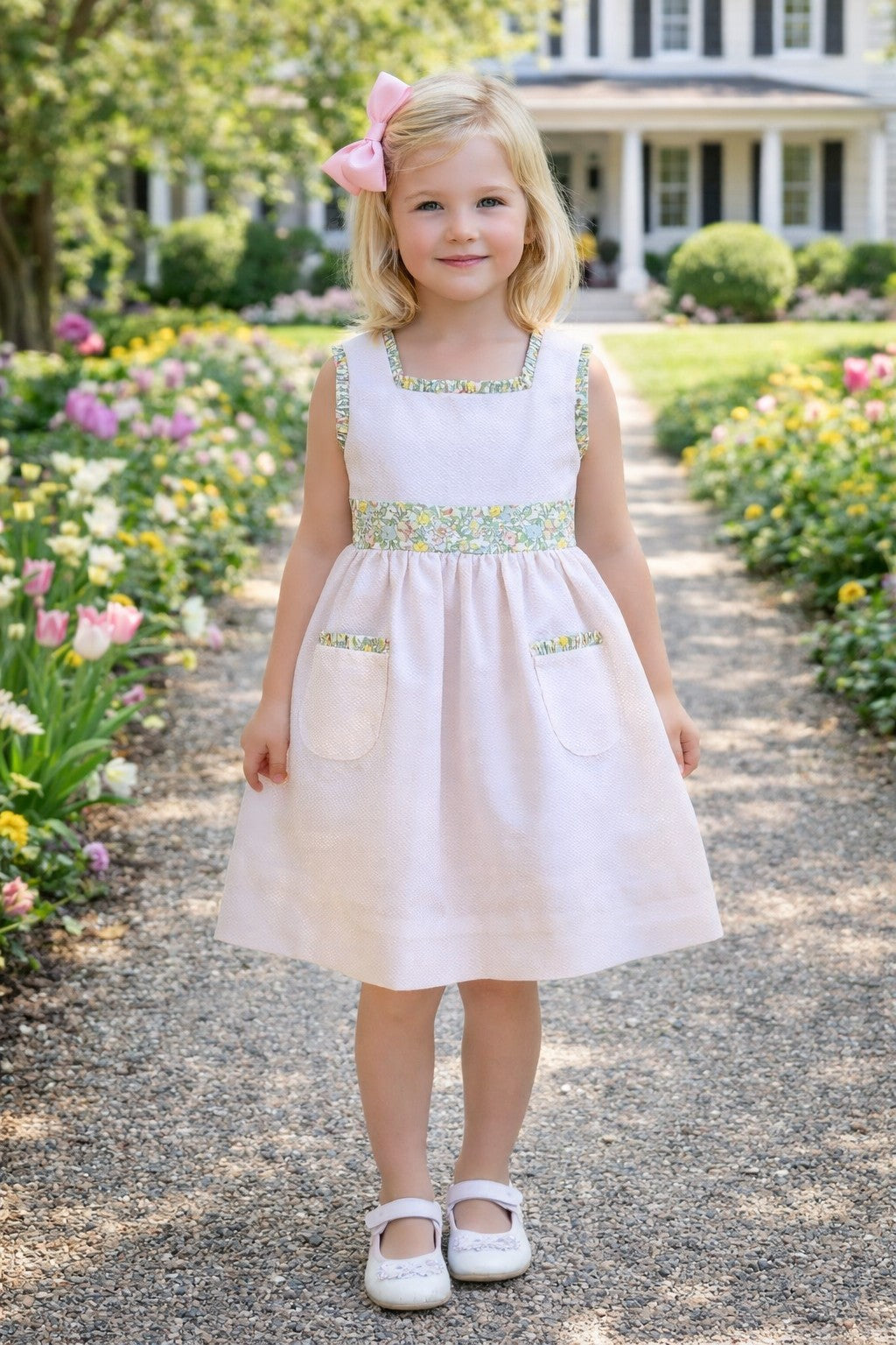 Girl's "Spring Again" Floral Pink Pique Dress