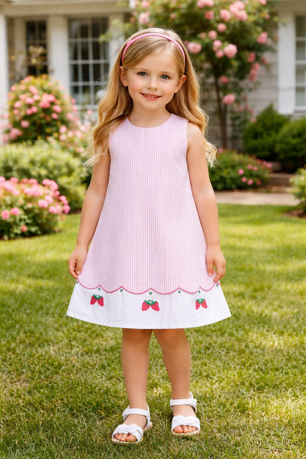 Pink Stripe Pique Strawberry Girl's Dress - Little Threads Inc. Children's Clothing