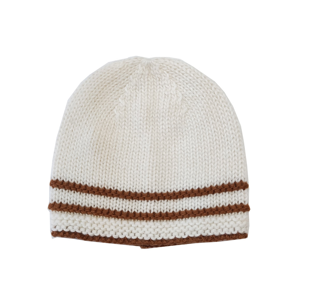 Baby's Cream & Brown Striped Knit Hat & Mitten Set