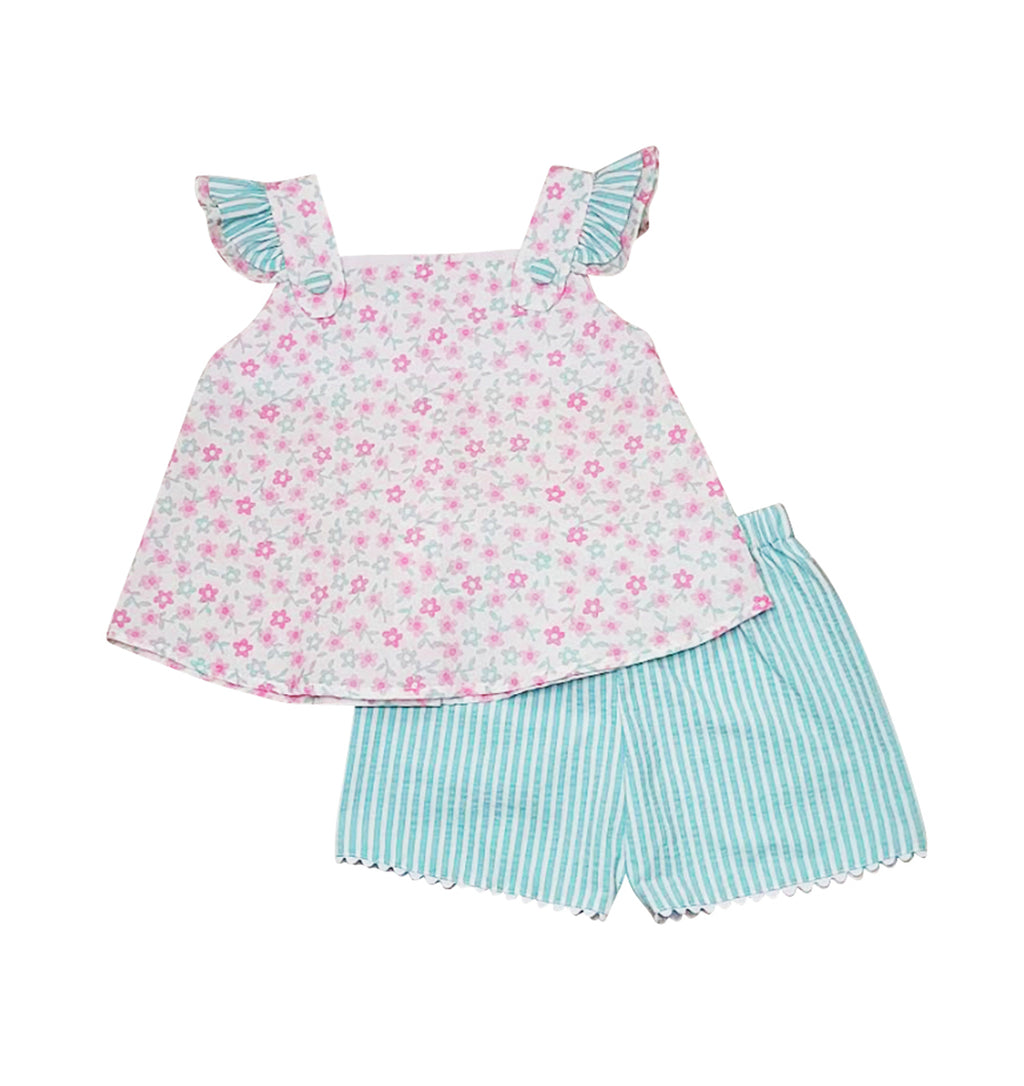 Olivia & Brandon Pink floral and  green trim short set - Little Threads Inc. Children's Clothing