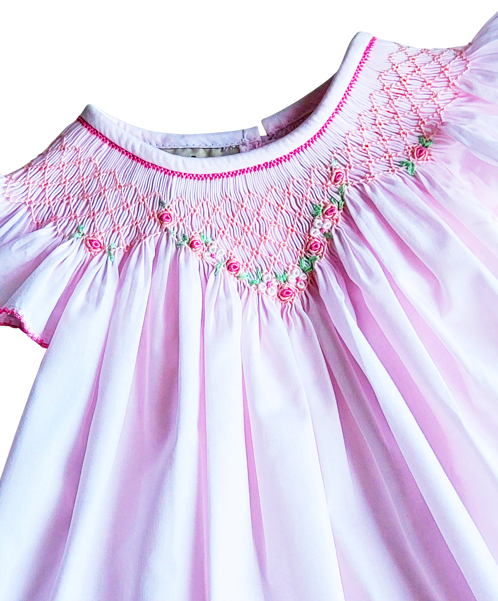 Pink baby girl's smocked bishop dress. - Little Threads Inc. Children's Clothing