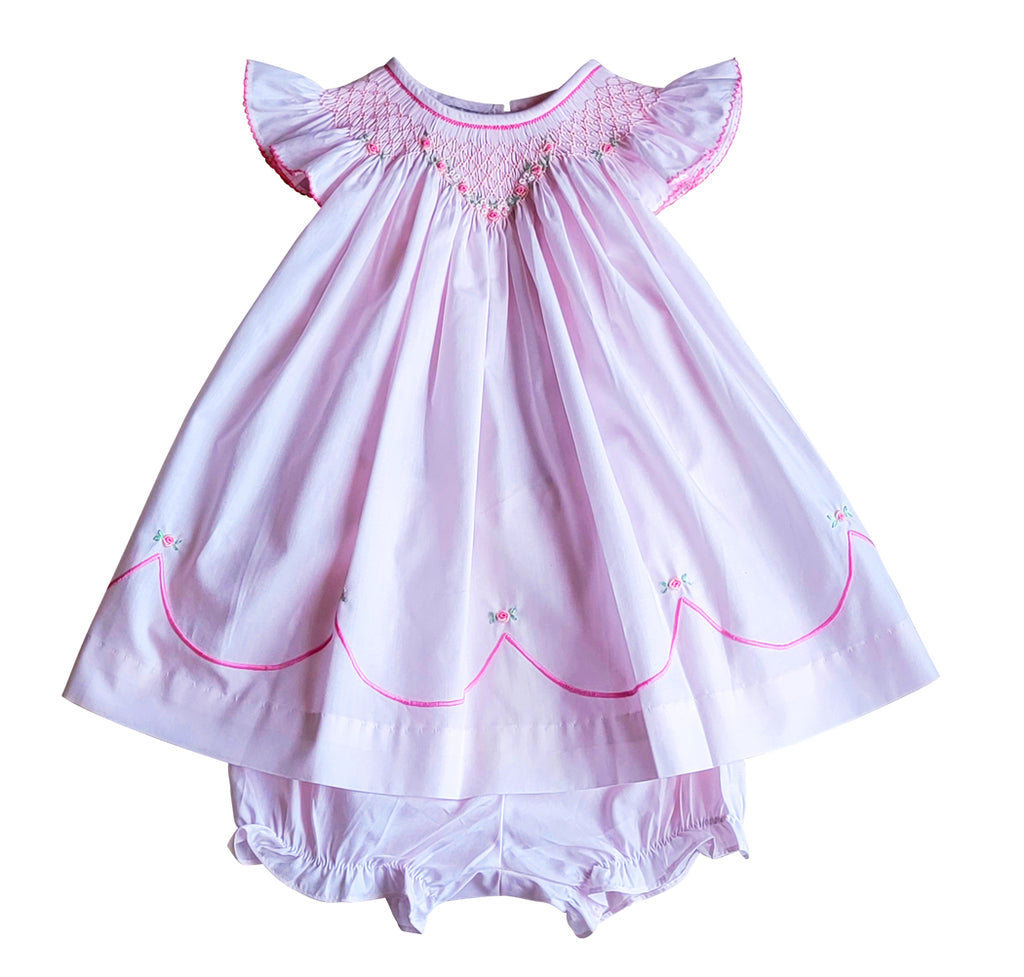Pink baby girl's smocked bishop dress. - Little Threads Inc. Children's Clothing