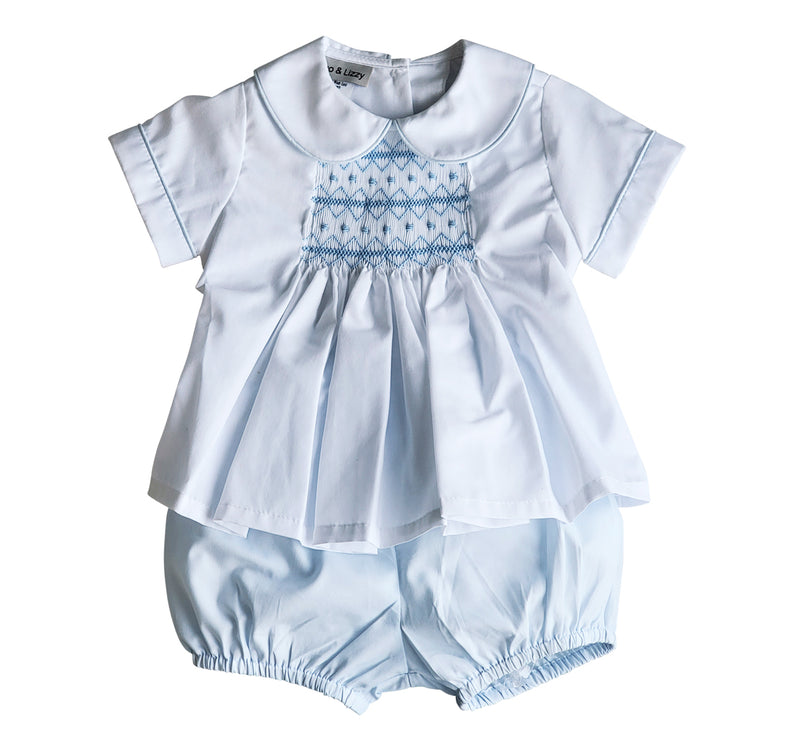 Emily & Jason  Blue smocked baby boy diaper set - Little Threads Inc. Children's Clothing
