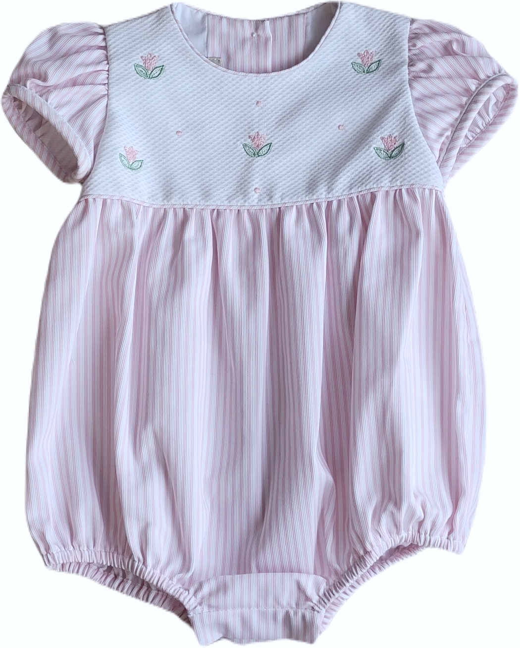 Pink pique tulips bodice girl's romper - Little Threads Inc. Children's Clothing