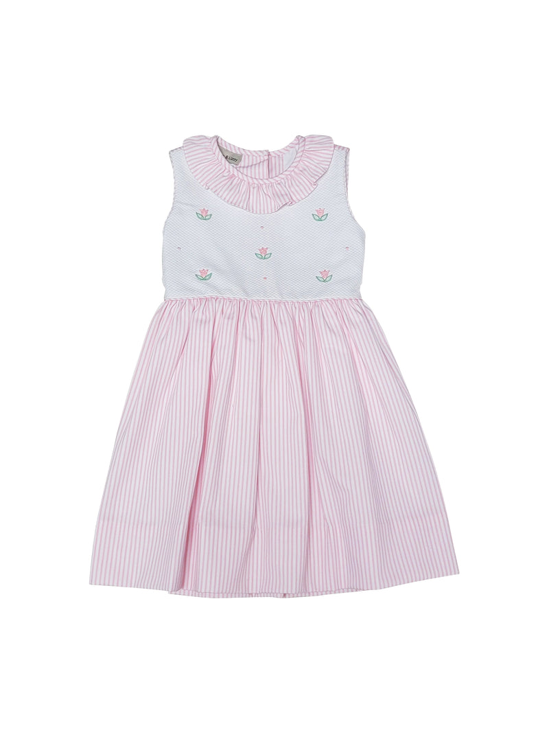 Girl's Pink "Serena" Embroidered Bodice Pique Dress - Little Threads Inc. Children's Clothing