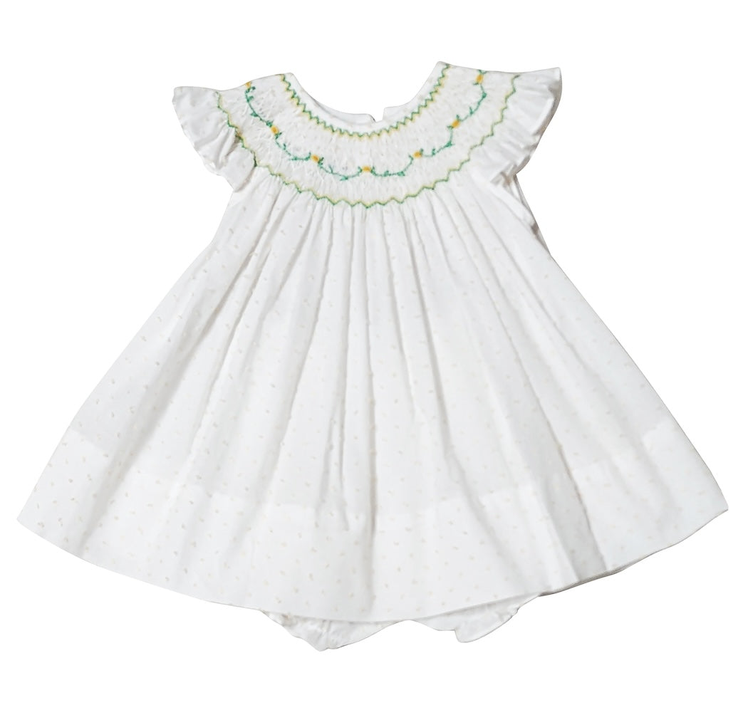 Yellow Plumeti hand smocked baby girl bishop dress set - Little Threads Inc. Children's Clothing