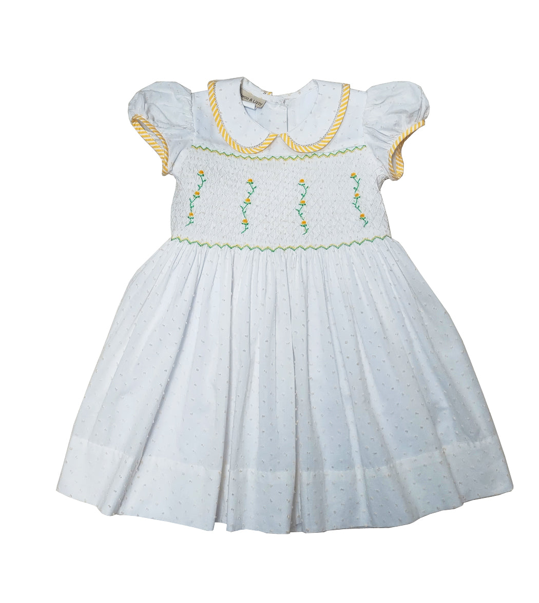 Girl's Hand Smocked Yellow Swiss Dots Plumetti Dress - Little Threads Inc. Children's Clothing