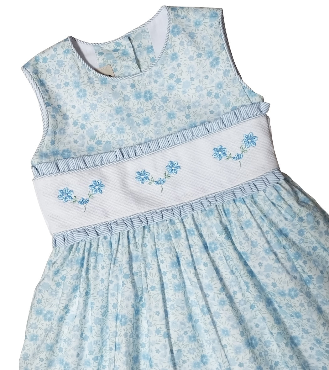 "Carly and Ronnie" Blue Flowers Classic Sleeveless Dress - Little Threads Inc. Children's Clothing