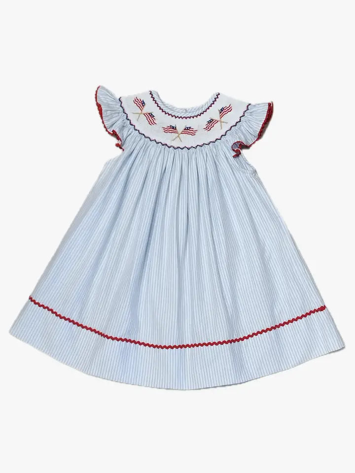 Girl's 4th of July hand smocked bishop - Little Threads Inc. Children's Clothing