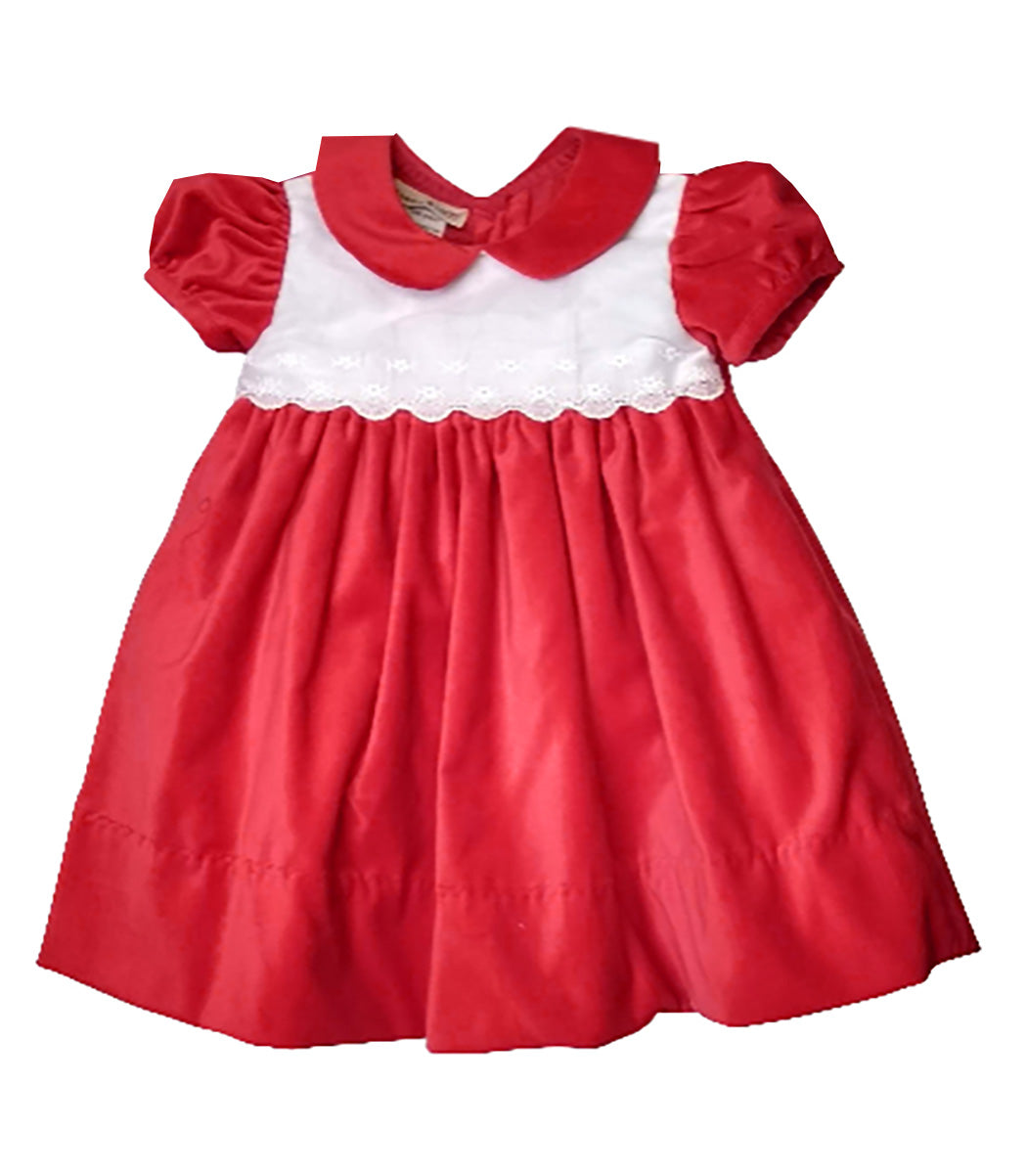 Red velvet Girl's Dress with Lace on the Bodice