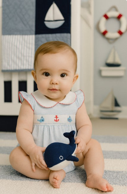Baby Girl's "Anchor and Whales" Smocked Pima Cotton Onesie - Little Threads Inc. Children's Clothing