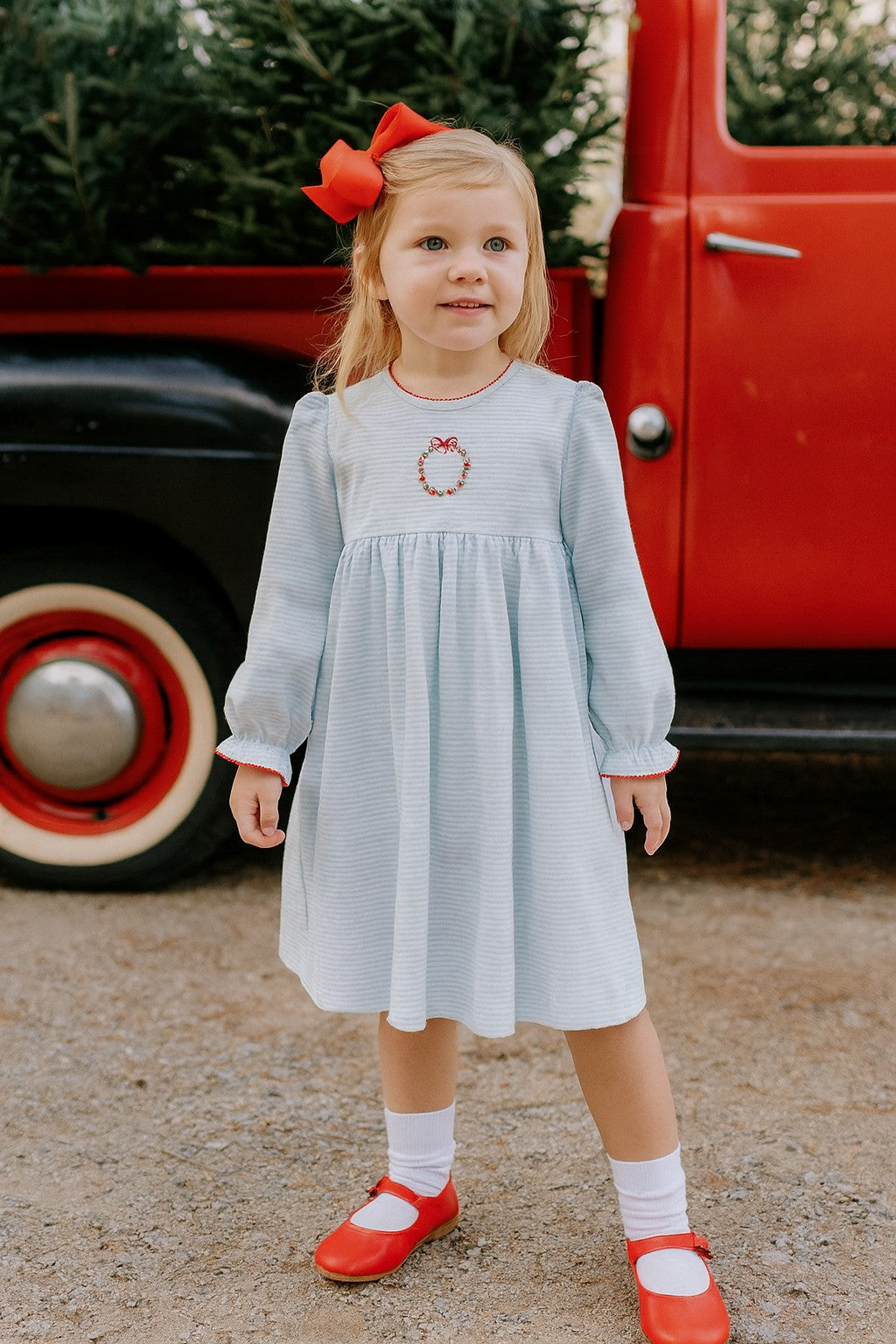 Christmas Wreath Blue Stripe Girl's Dress