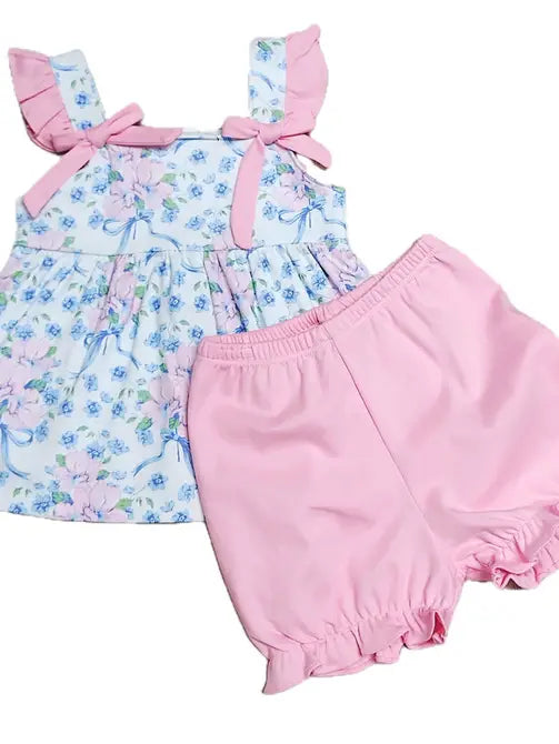 Blue Spring Flowers Girl's Bloomer Set - Little Threads Inc. Children's Clothing