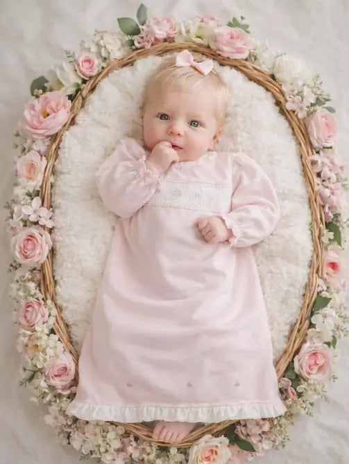 Hand Smocked Flower Baby Girl Pima Cotton Daygown - Little Threads Inc. Children's Clothing