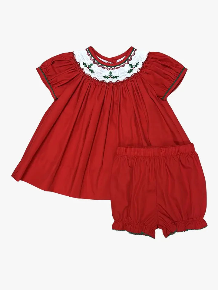 Hand Smocked red bishop dress Christmas Hollies