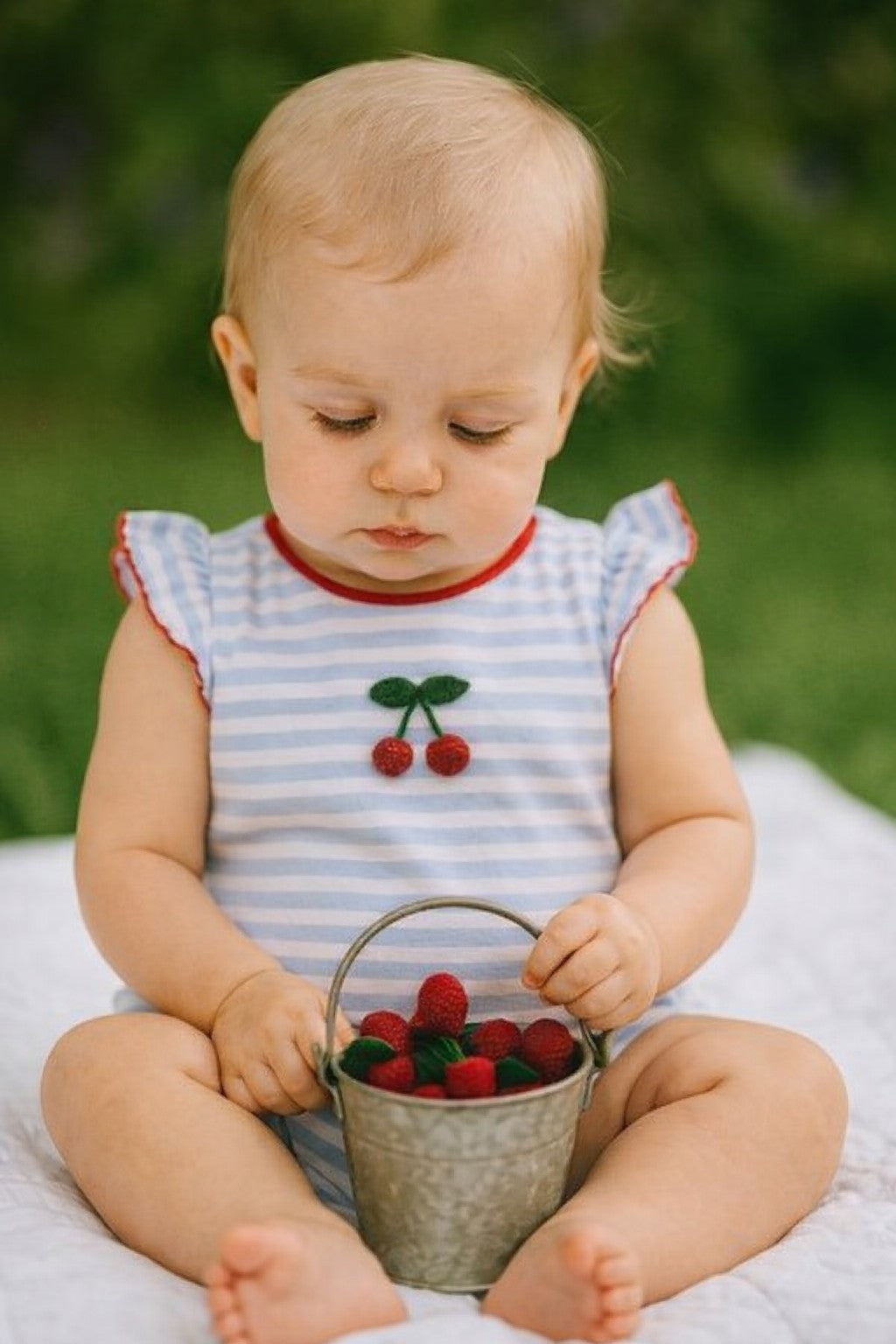 Cherry applique Blue stripe baby girl romper - Little Threads Inc. Children's Clothing