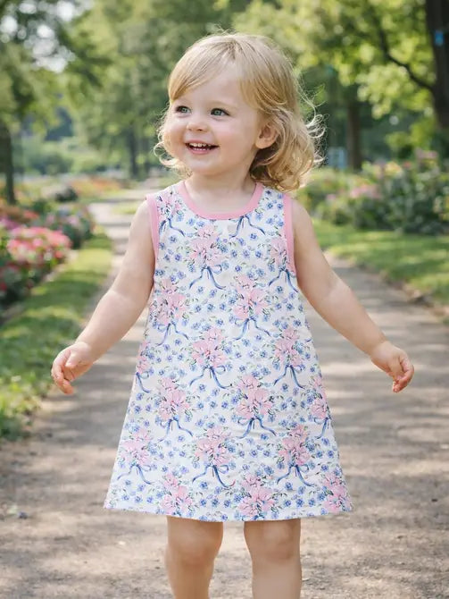 Blue Spring Flowers Girl's A Line Dress - Little Threads Inc. Children's Clothing