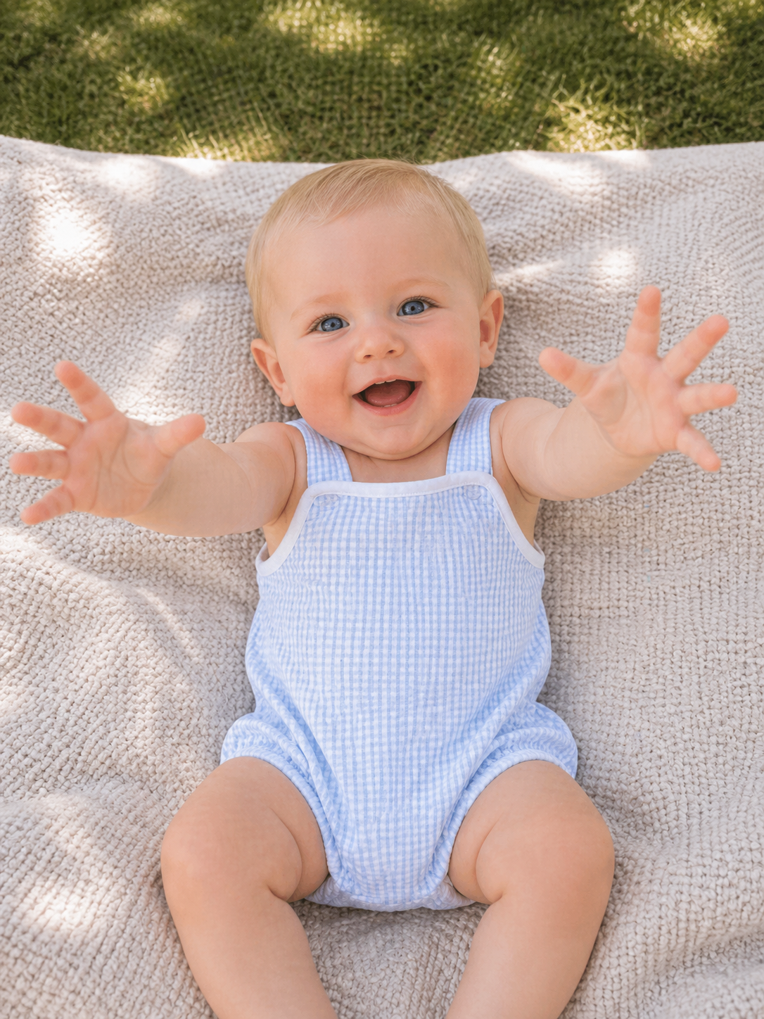 Baby Boy's Blue and White checks Sun Romper