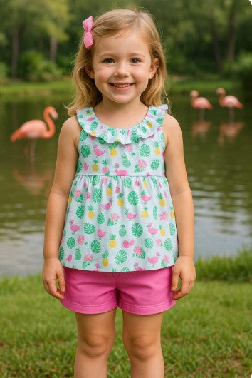 Flamingo Print Girls shirt & short Set Pima Cotton