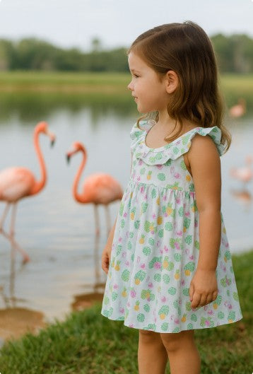 Flamingo Print Girls Sundress Pima Cotton
