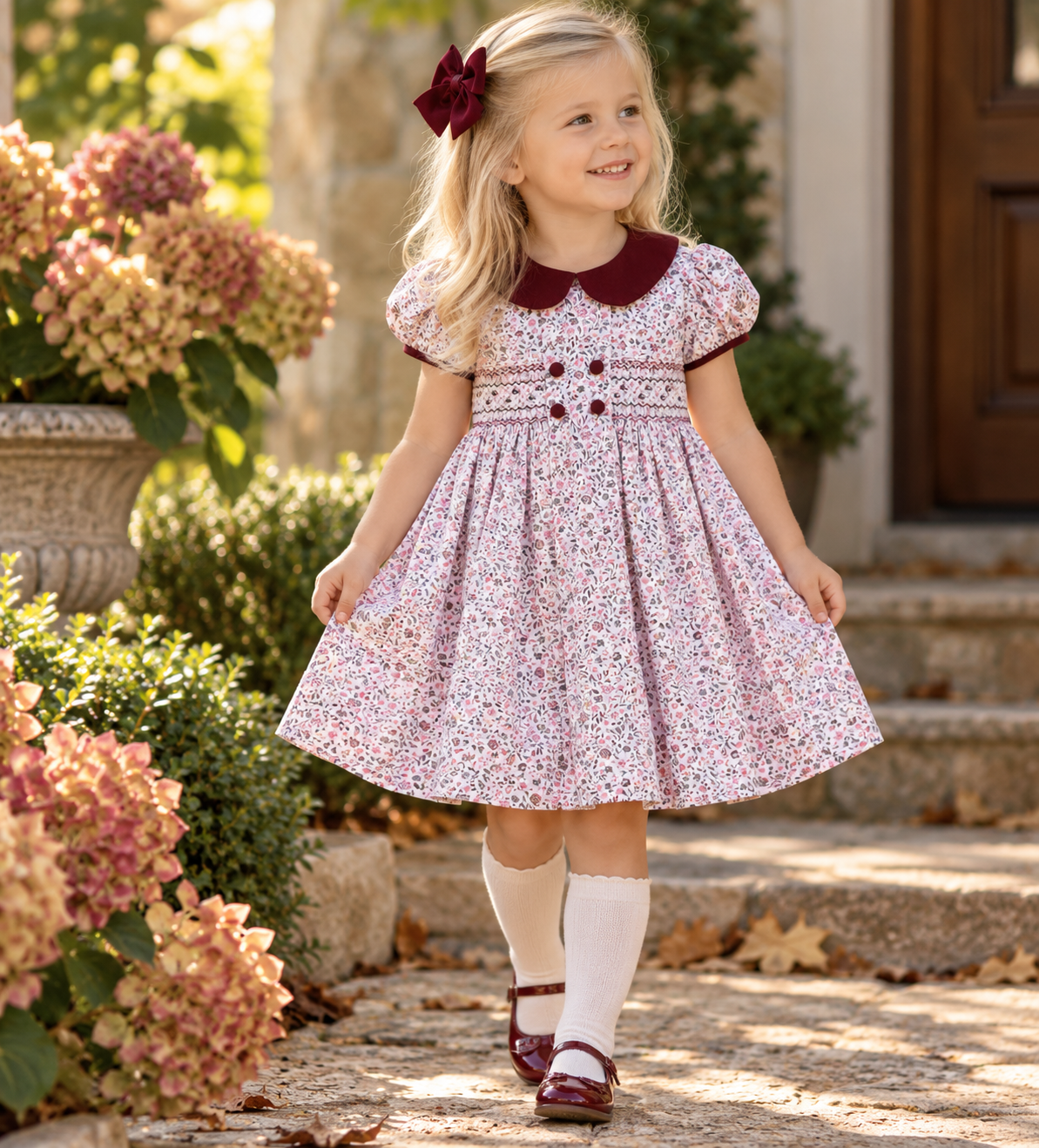 Cary Collection Fall Floral collared Girl hand smocked dress
