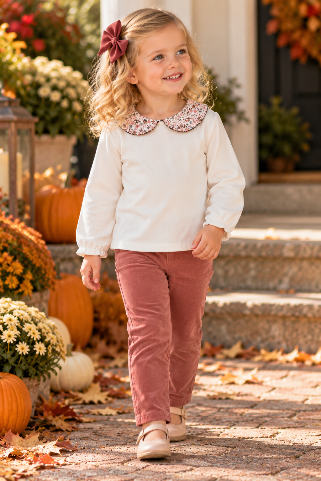 Cary Collection Fall Floral collar White girl's pima top - Little Threads Inc. Children's Clothing