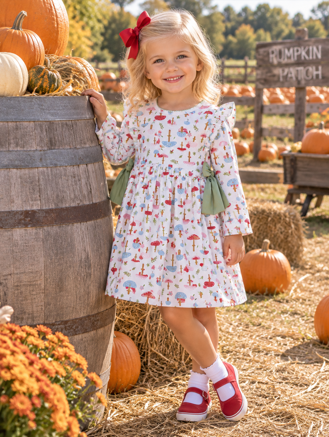 Fall Mushrooms Print Side bows Girl Dress