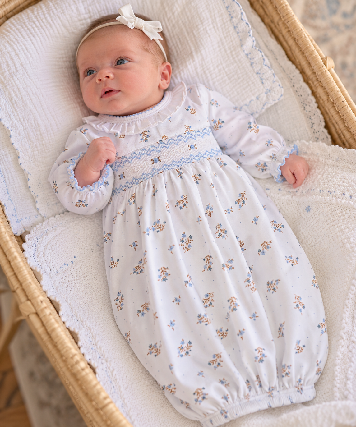 Hand Smocked girls daygown Dainty blue flowers 100% Pima