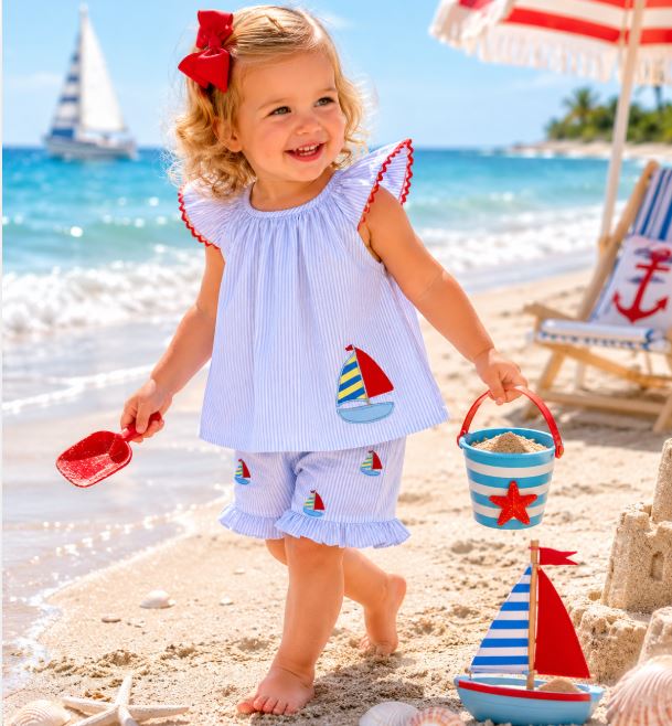 2 pc sailboat applique Girl's short set