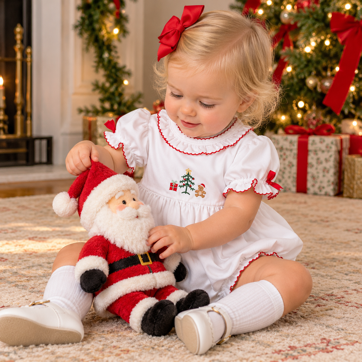 Christmas Teddy Bear embroidered girl white romper - Little Threads Inc. Children's Clothing