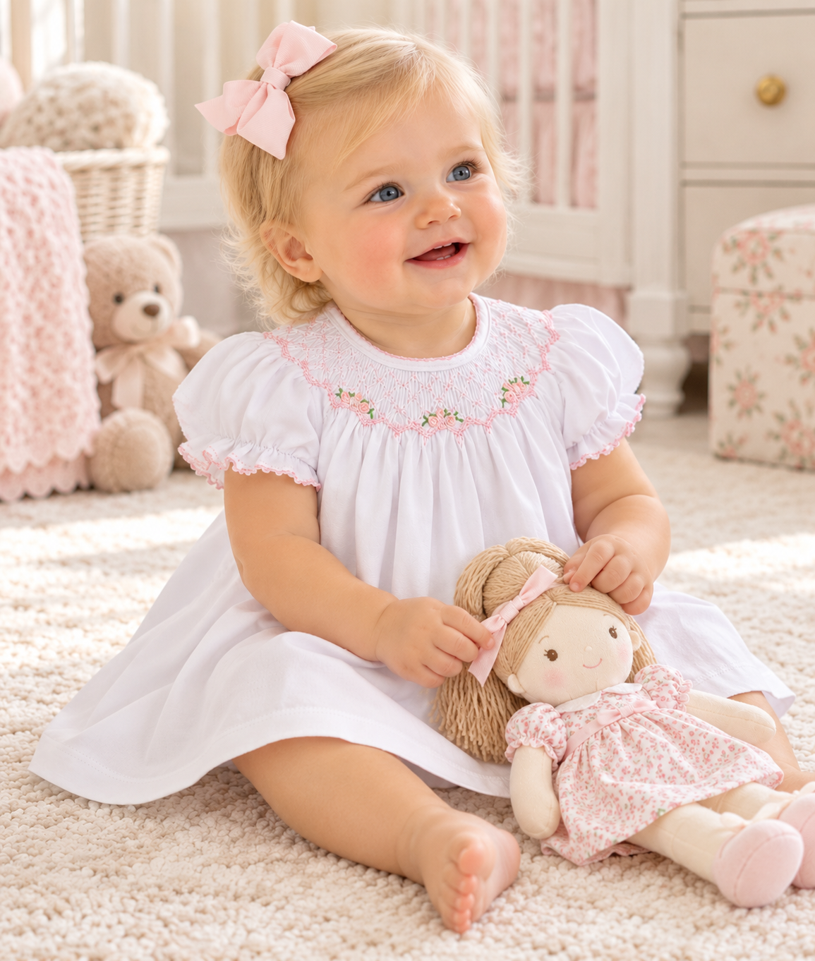 White Pima cotton Pink smocked baby girl Bishop
