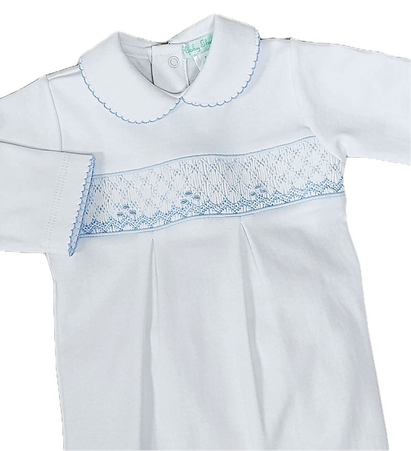 White baby boys smocked footie