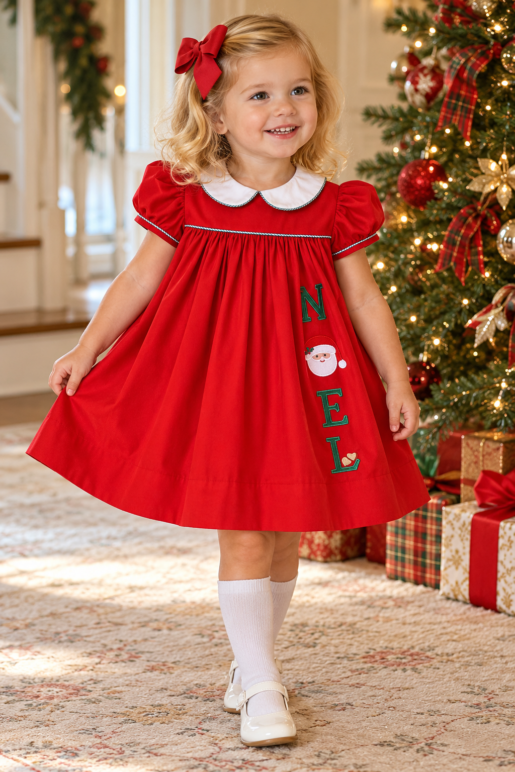 Girl's "Christmas Noel" Applique Float Dress - Little Threads Inc. Children's Clothing