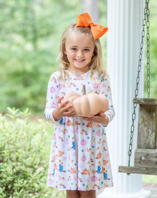Fall Pumpkin Print Long Sleeve Girl dress Pima - Little Threads Inc. Children's Clothing
