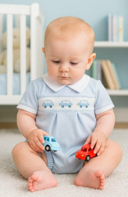 Baby Boy's Blue Cars Hand Smocked Romper