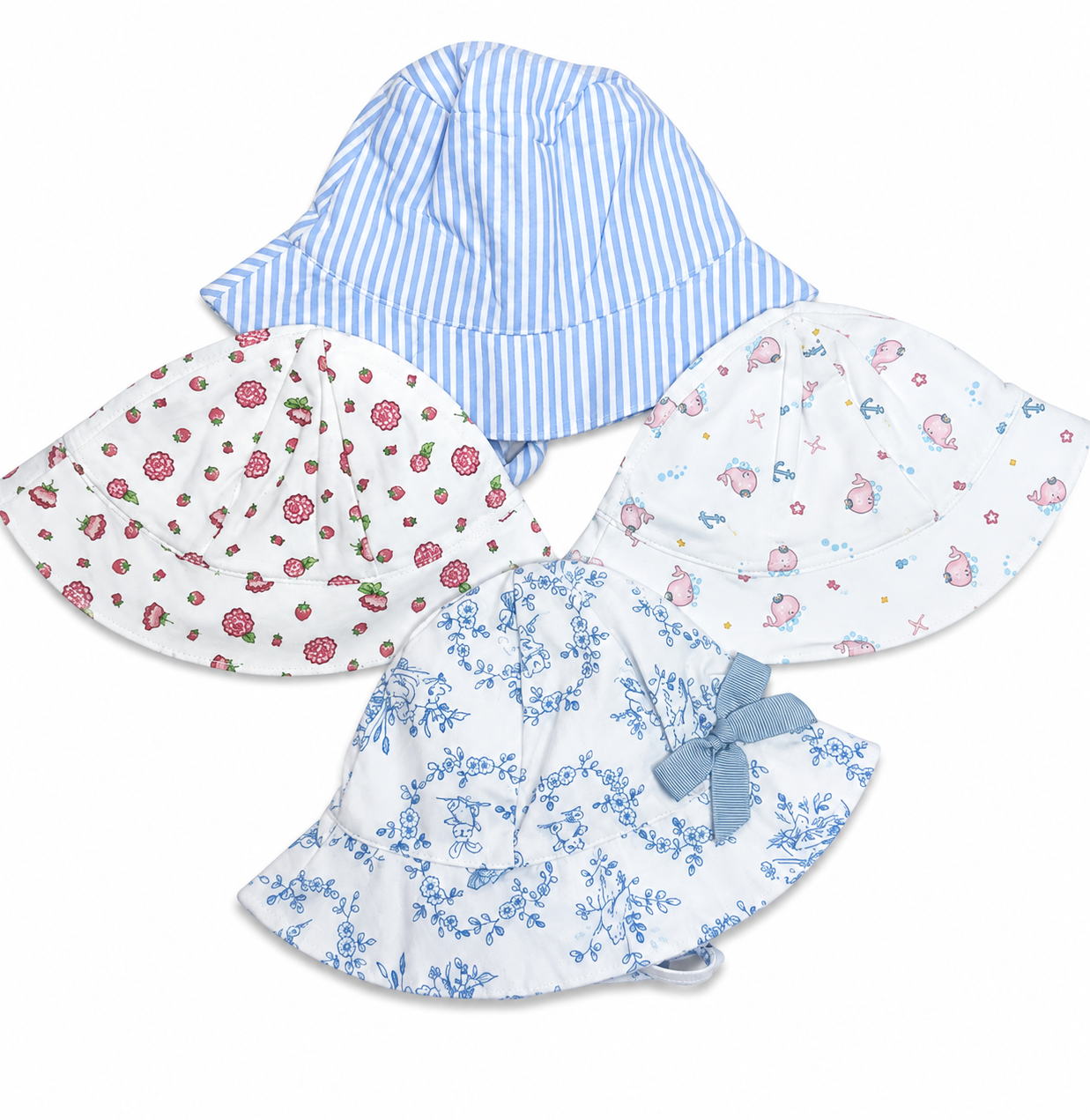 Baby Girl's Sunhat Bundle- Blue Striped, Duckies, Berries and Flowers and Whales