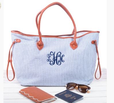 Navy Seersucker Tote bag for monograming - Little Threads Inc. Children's Clothing