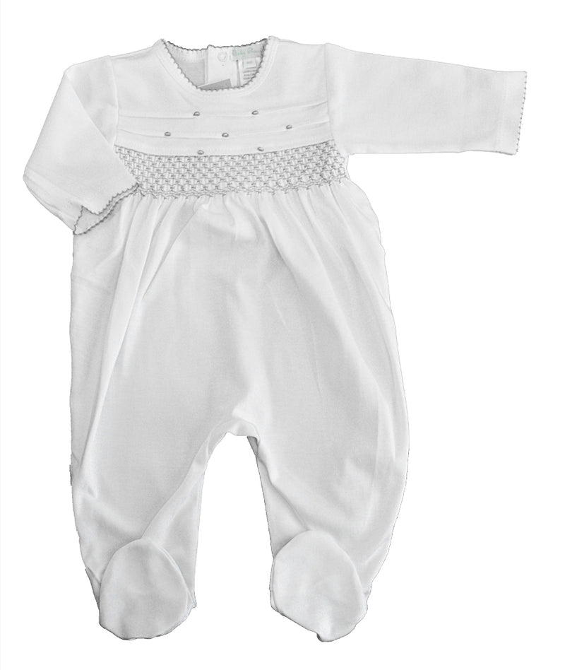 Baby Threads White/ grey hand smocked footie - Little Threads Inc. Children's Clothing