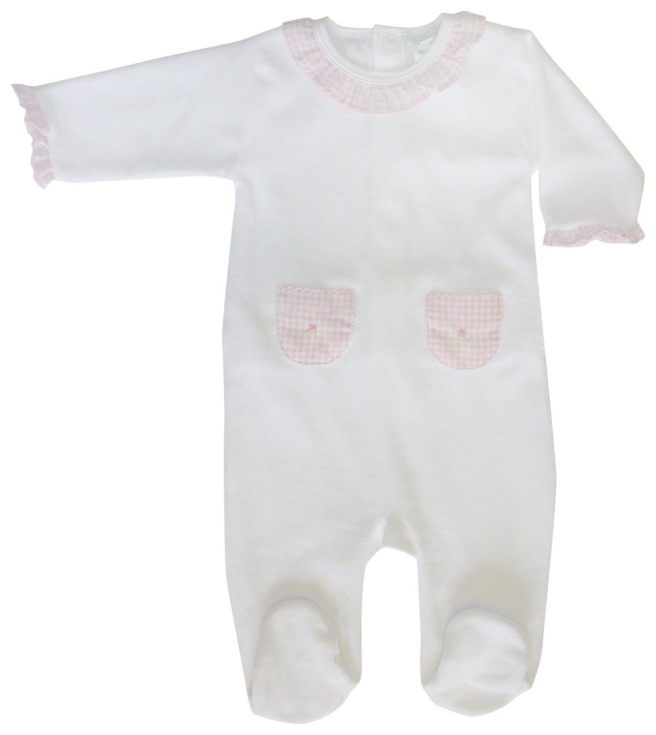 White Velour Footie with Pink Checkered Trim - Little Threads Inc. Children's Clothing