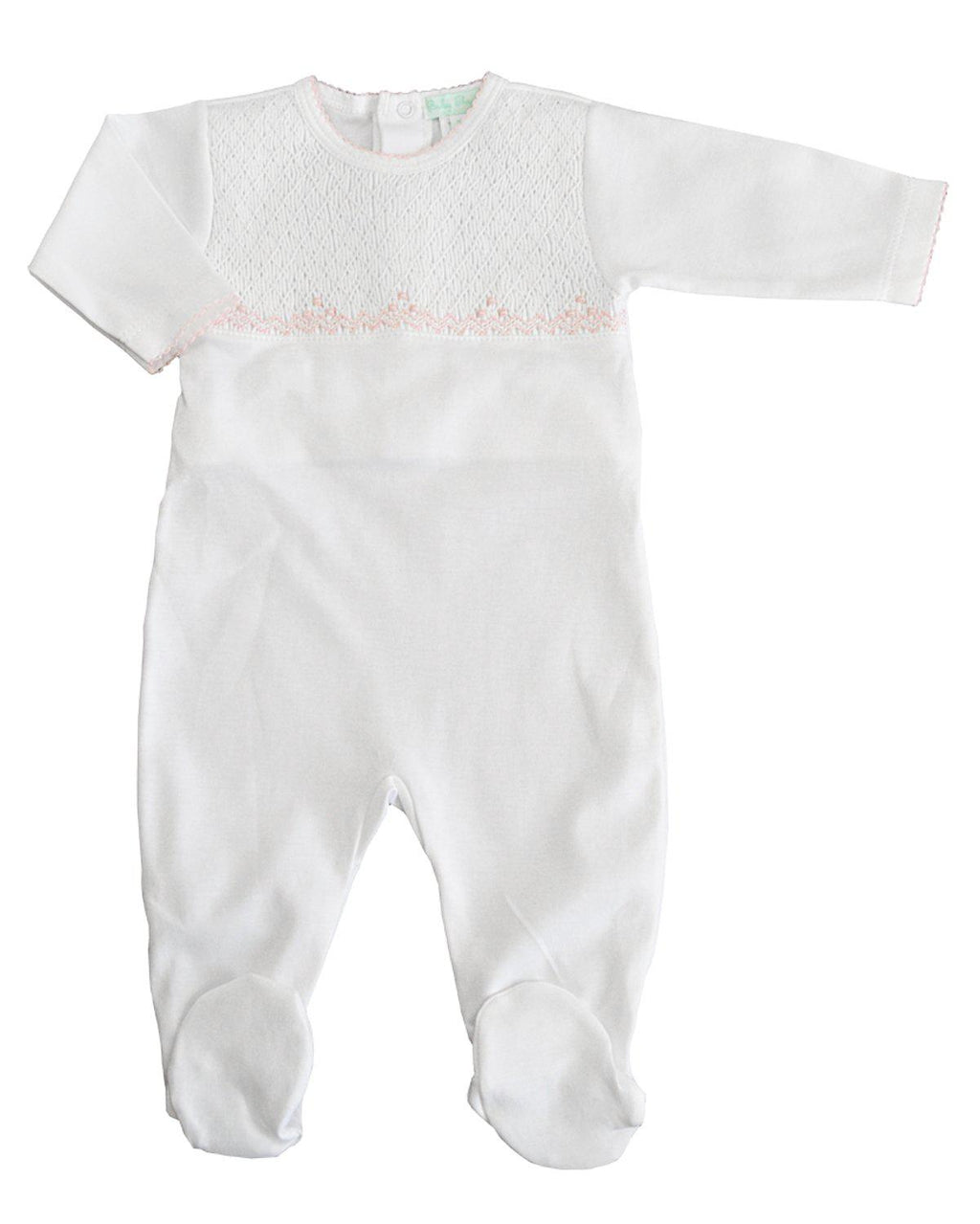 White Full Smocked Footie with pink trim - Little Threads Inc. Children's Clothing
