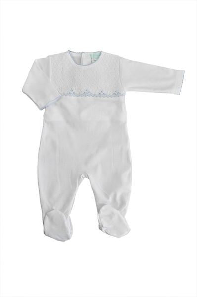 White Full Smocked Footie with Blue Trim - Little Threads Inc. Children's Clothing