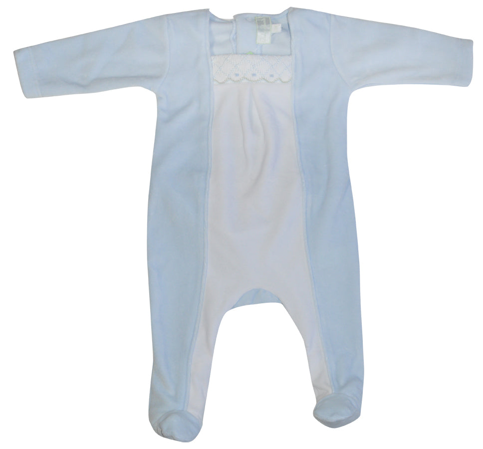 Blue and White Smocked Velour Footie - Little Threads Inc. Children's Clothing
