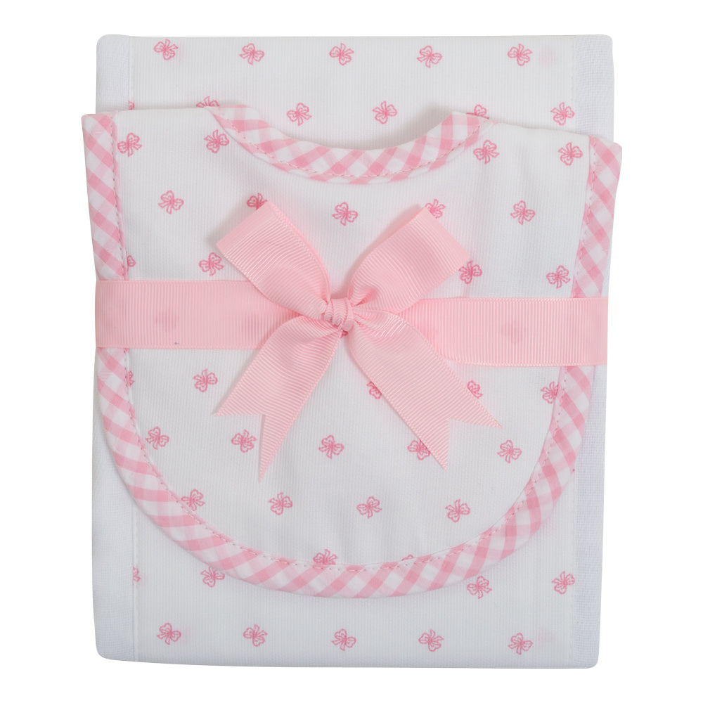 Pink Bow Burp Pad and Small Bib Set - Little Threads Inc. Children's Clothing