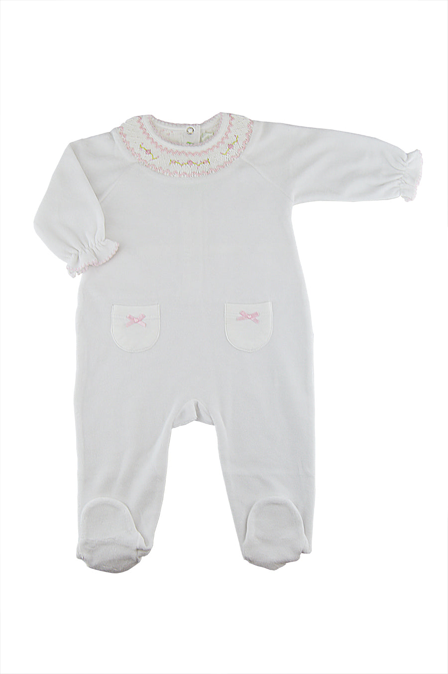 White Velour Flower Smocked Footie - Little Threads Inc. Children's Clothing
