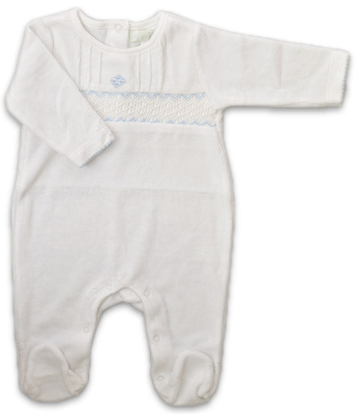 White Velour Smocked Boy Footie - Little Threads Inc. Children's Clothing