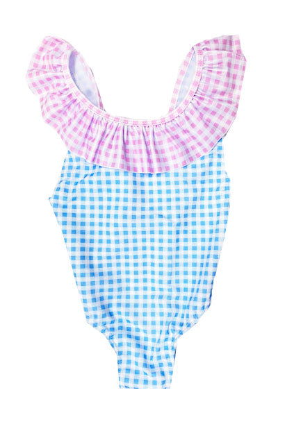 Blue and Pink Gingham Girl's Swimsuit - Little Threads Inc. Children's Clothing