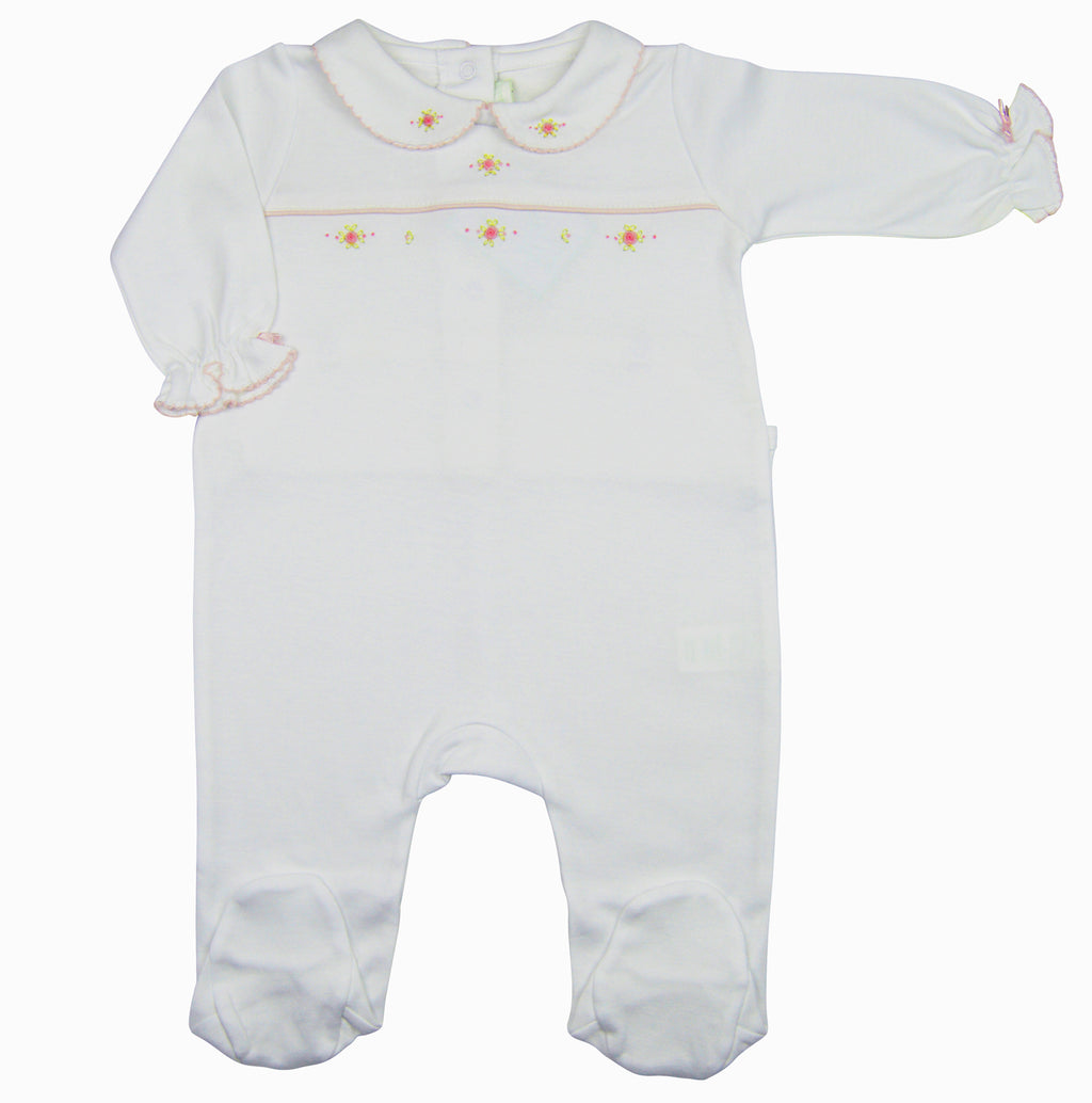 Karina Hand embroidered white pima cotton baby girl's footie - Little Threads Inc. Children's Clothing