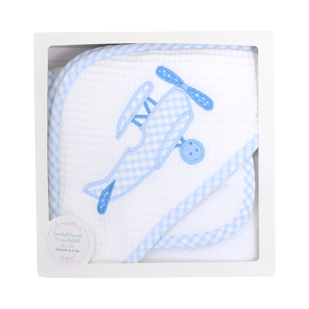 Blue Plane Hooded Towel and Wash Cloth Set - Little Threads Inc. Children's Clothing